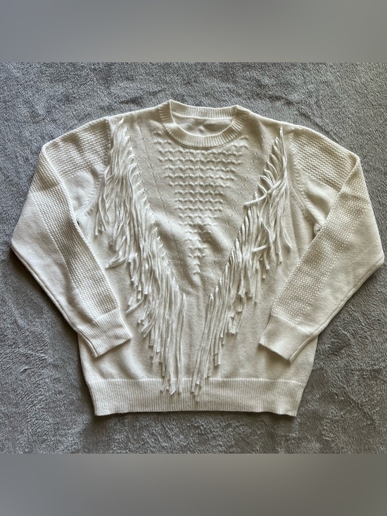 None Sweaters - White Fringe Knit Sweater Boho Western Style